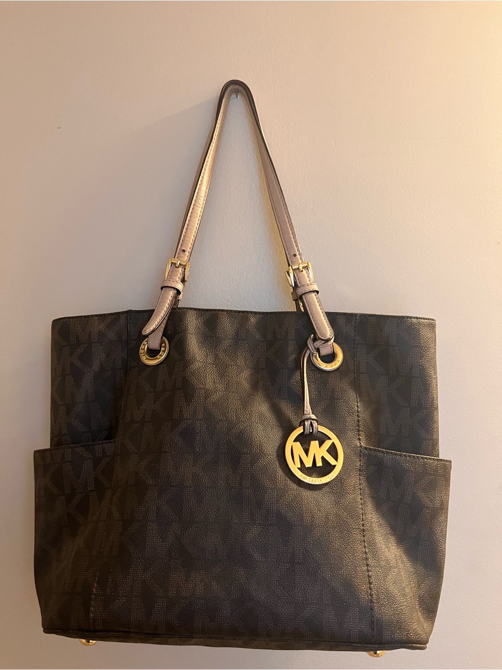 Michael Kors Brown/Black Signature Logo Tote with Gold MK Charm